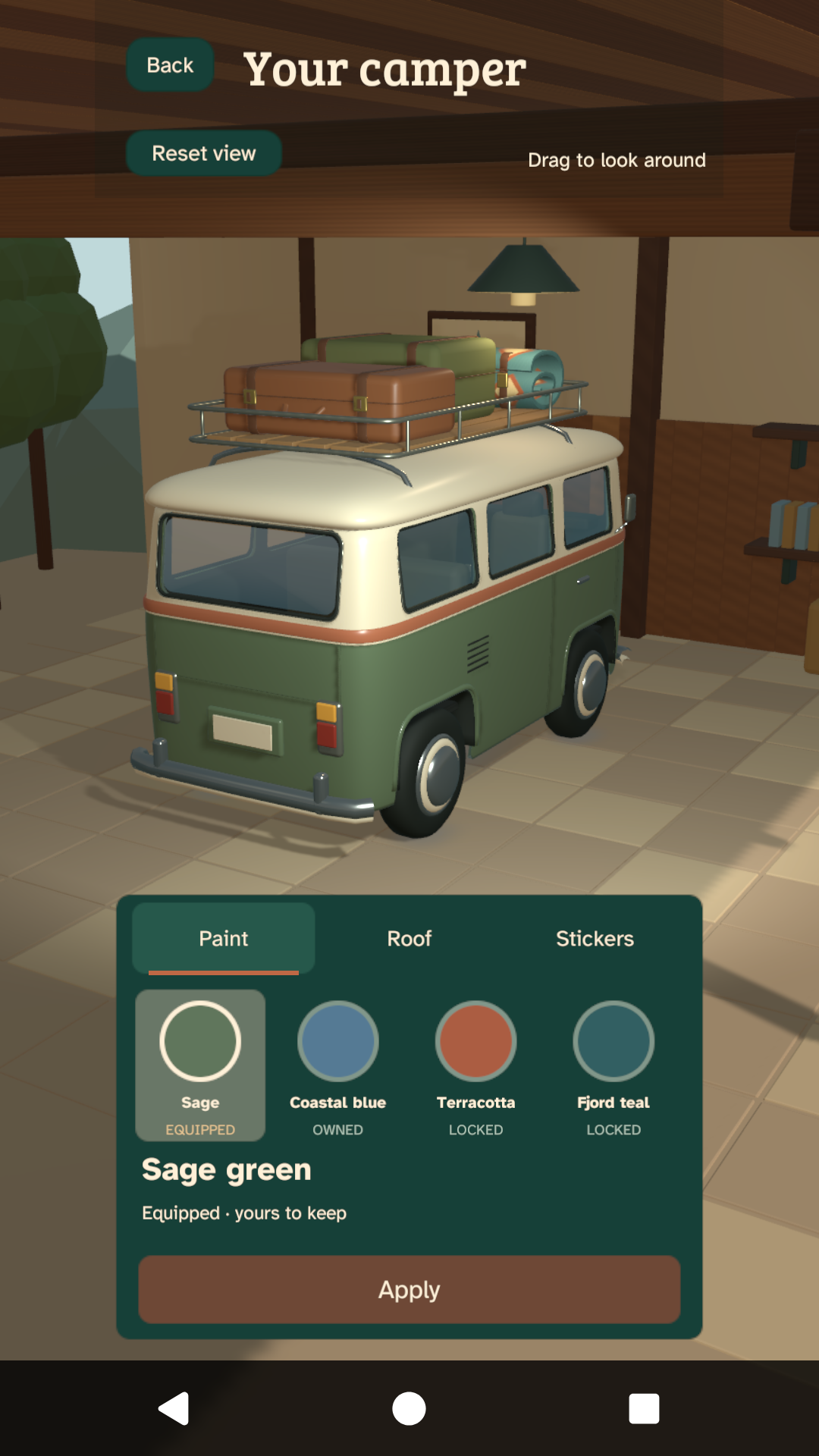 The in-game camper garage showing customization choices