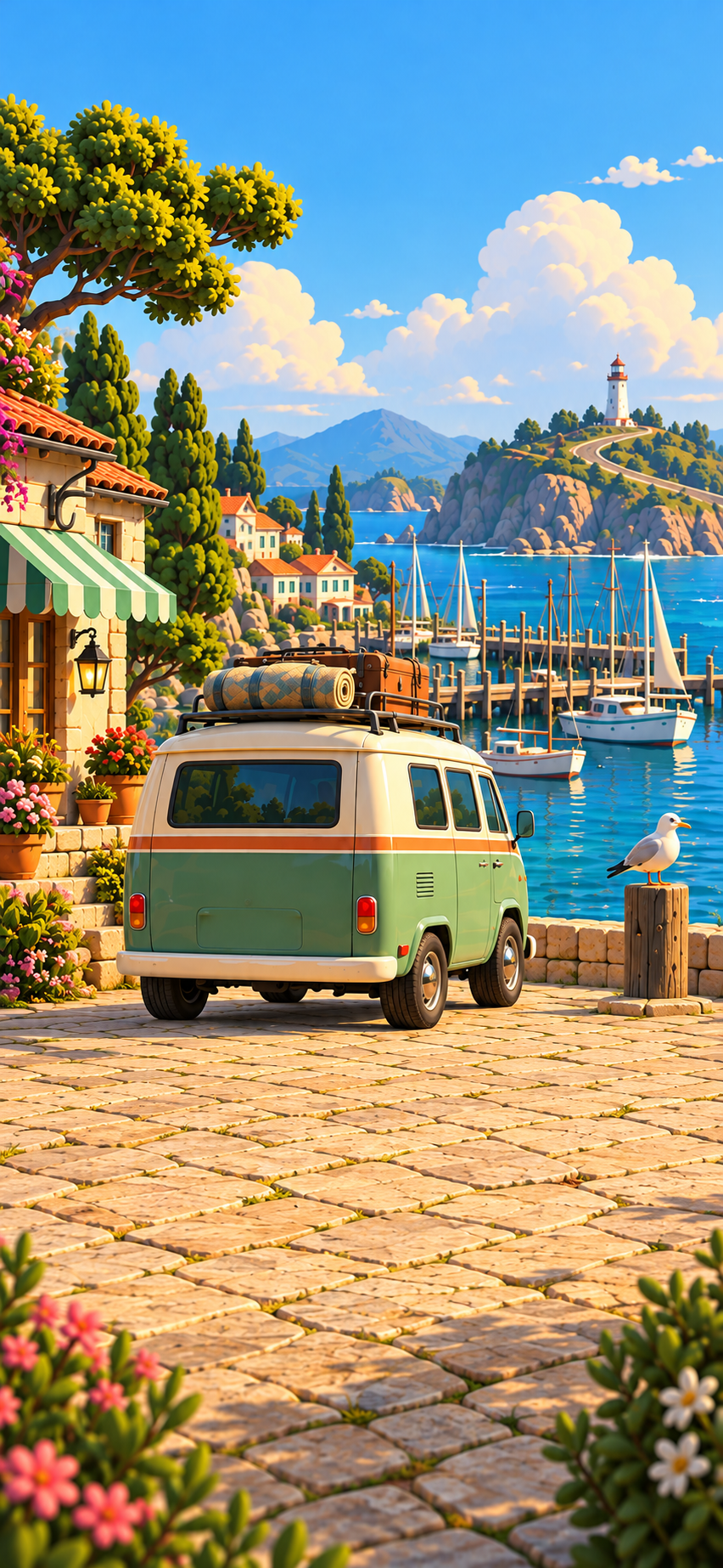 A sage camper beside a sunlit harbor, with a lighthouse across the sea