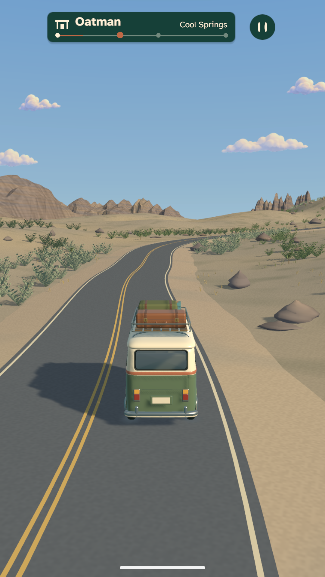 Route 66 gameplay with the camper travelling through warm desert scenery